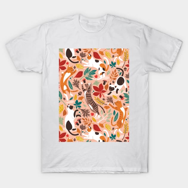 Autumn joy // pattern // flesh coral background cats dancing with many leaves in fall colors T-Shirt by SelmaCardoso